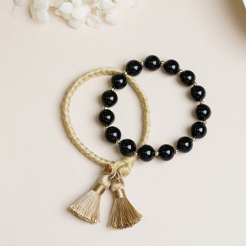 Fortune Jewel 2Pcs Black Onyx Bead Support Protection String Bracelet