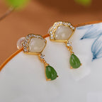 Fortune Jewel White Jade Cyan Jade Fan Water Drop Pattern Luck Drop Earrings