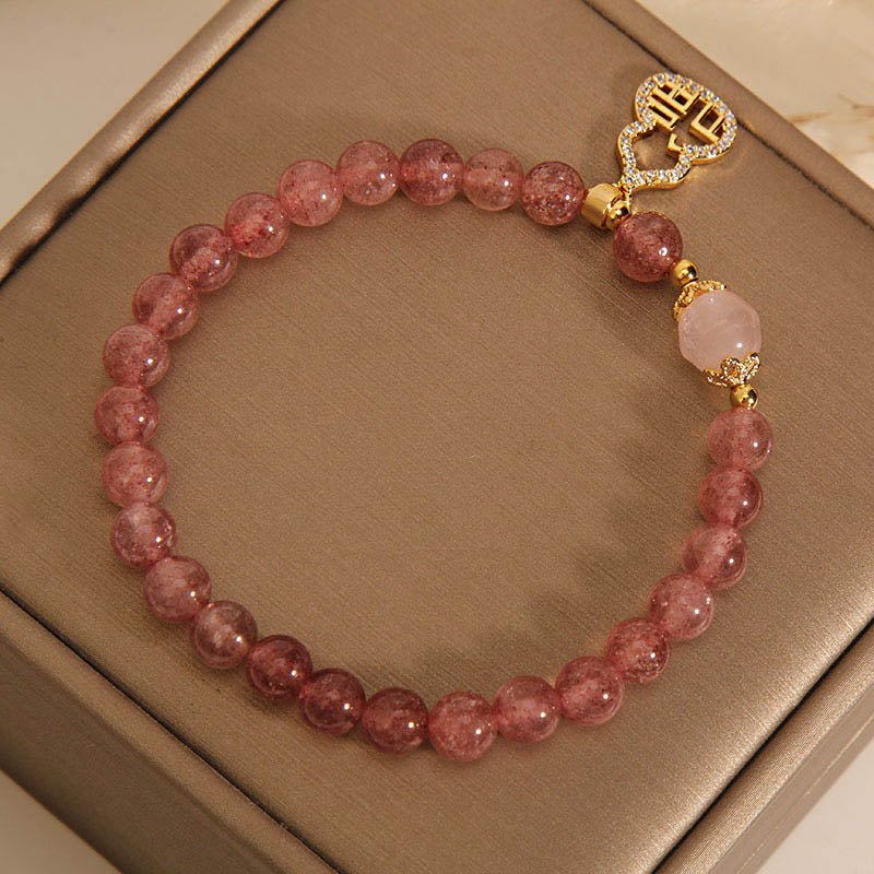 Fortune Jewel Strawberry Quartz Gourd Fu Character Charm Positive Bracelet
