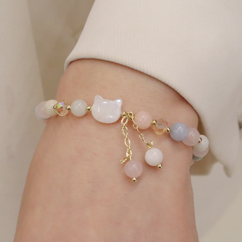 Fortune Jewel Natural Strawberry Quartz Morganite Tridacna Stone Cat Love Bracelet