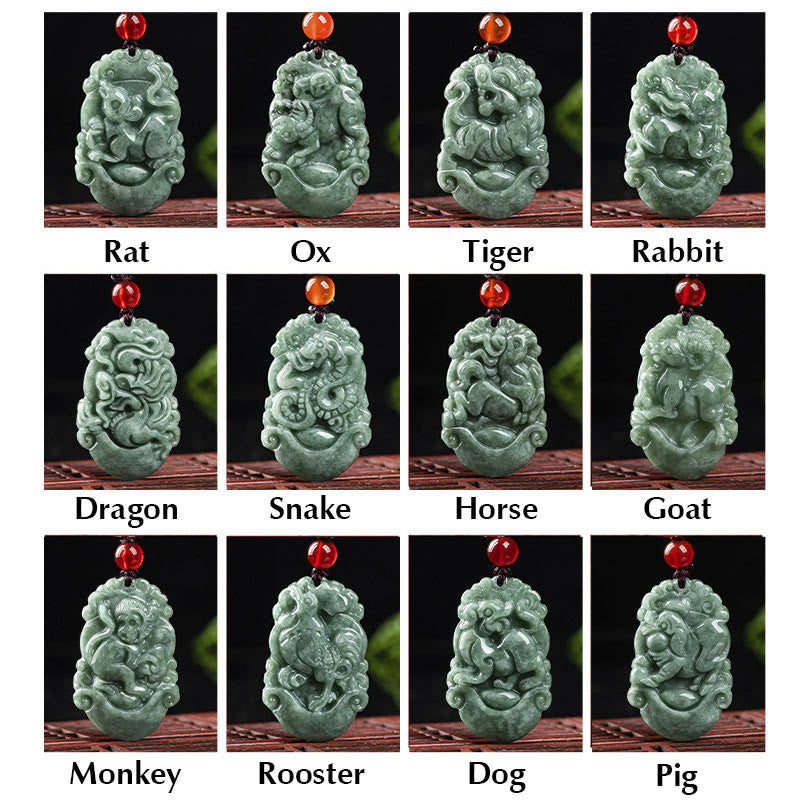 Buddha Stones Natural Jade 12 Chinese Zodiac Prosperity Necklace Pendant Fortune Jewel