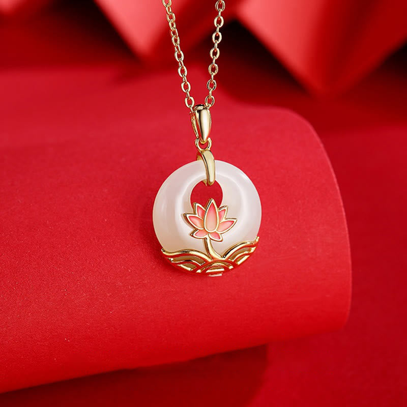 Fortune Jewel 925 Sterling Silver Hetian White Jade Lotus Flower Blessing Necklace Pendant Fortune Jewel