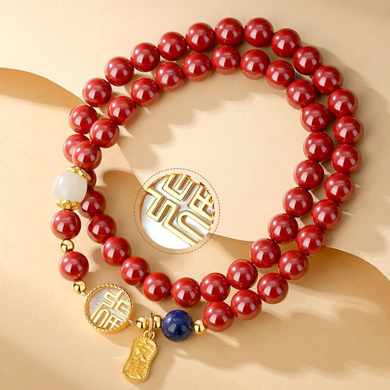 Fortune Jewel 925 Sterling Silver Cinnabar Tridacna Stone Fu Character Double Wrap Blessing Bracelet
