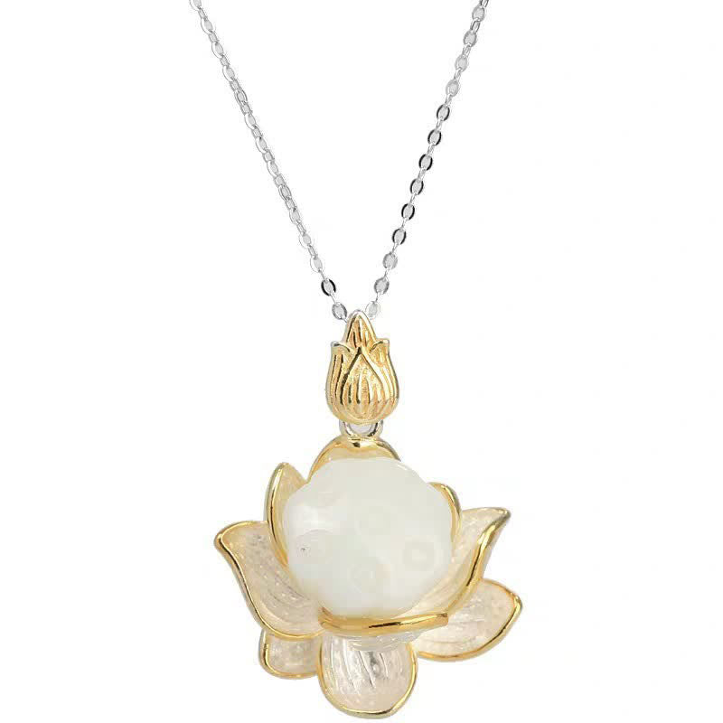 Fortune Jewel White Jade Lotus Flower Happiness Necklace Fortune Jewel