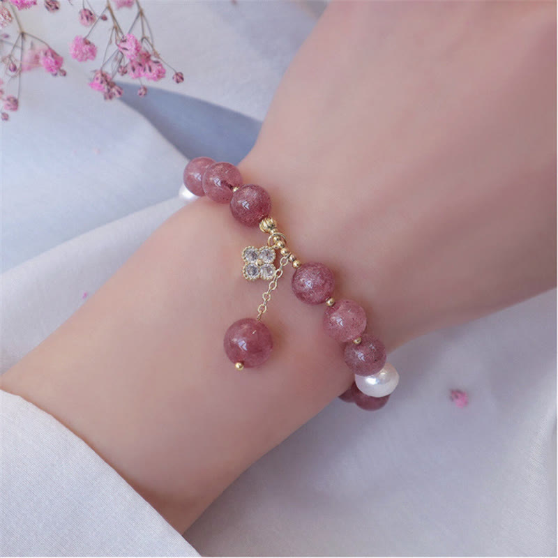 Fortune Jewel Natural Strawberry Quartz Pearl Four Leaf Clover Love Bracelet