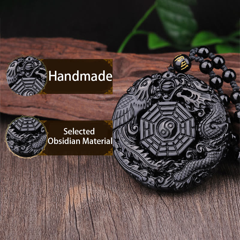 Fortune Jewel Bagua Dragon Phoenix Obsidian Fulfilment Pendant Necklace