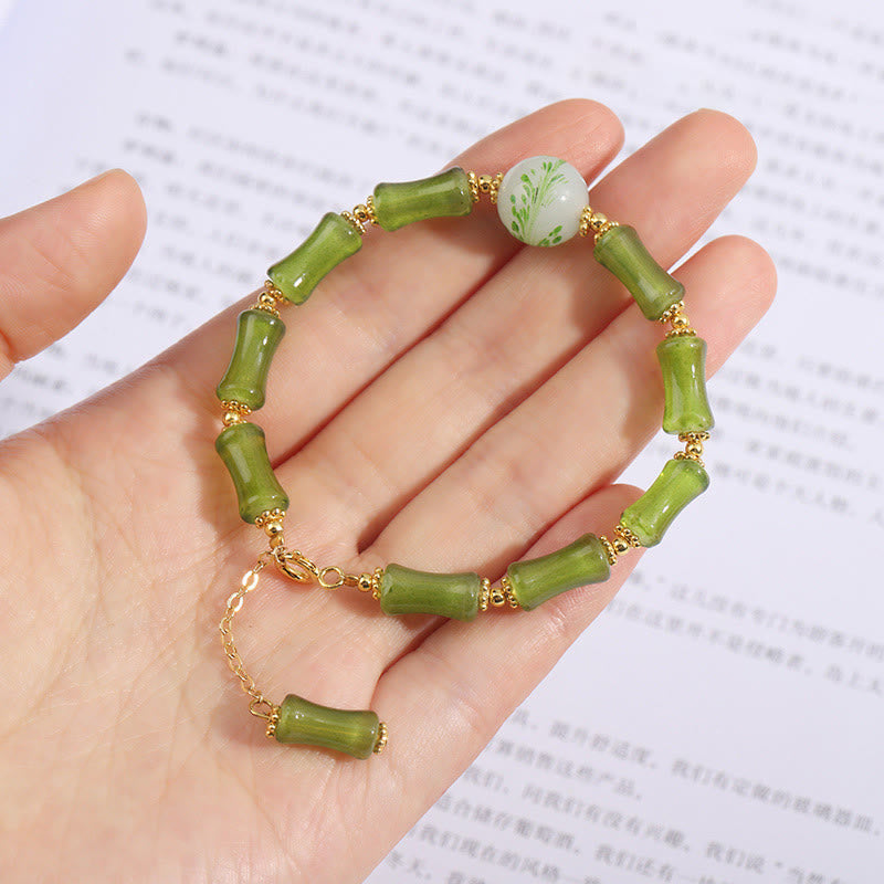 Fortune Jewel Green Bamboo Pattern Liuli Crystal Moss Agate Wealth Chain Bracelet