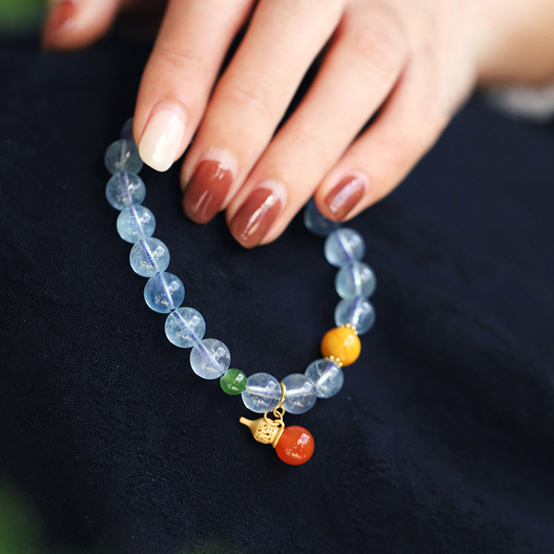 Fortune Jewel Aquamarine Red Agate Peace Gourd Charm Bracelet