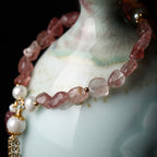 Fortune Jewel Natural Strawberry Quartz Pearl 14k Gold Plated Love Healing Bracelet