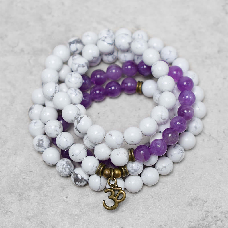 Fortune Jewel 108 Mala Beads Amethyst White Turquoise OM Healing Meditation Energy Bracelet