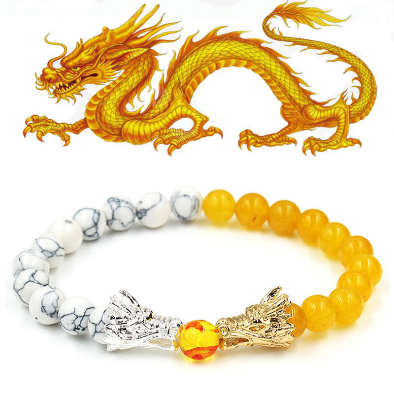 Fortune Jewel White Turquoise Lava Rock Dragon Blessing Beaded Bracelet