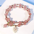 Fortune Jewel Natural Strawberry Quartz Love Healing Maple Leaf Charm Double Wrap Bracelet