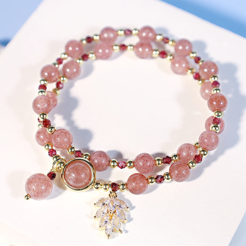 Fortune Jewel Natural Strawberry Quartz Love Healing Maple Leaf Charm Double Wrap Bracelet