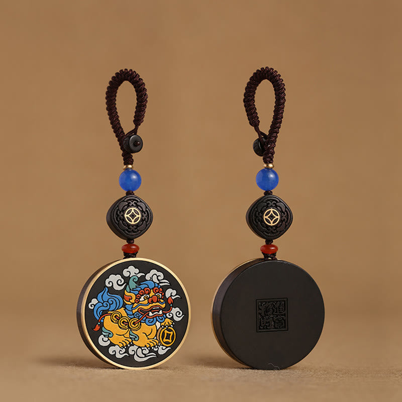 Fortune Jewel PiXiu Copper Coin Ebony Wood Luck Attract Wealth Key Chain Decoration