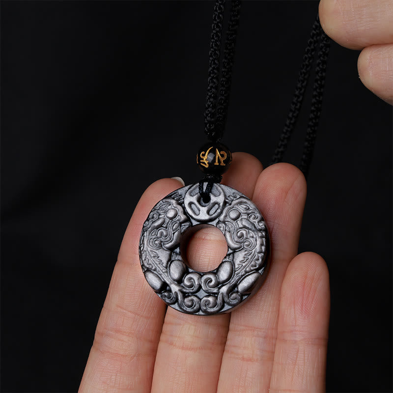 Fortune Jewel Natural Silver Sheen Obsidian Double PiXiu Copper Coin Peace Buckle Protection Necklace Pendant