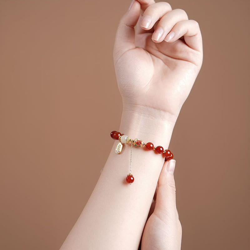 Fortune Jewel Natural Red Agate Hetian Jade Fu Character Confidence Charm Bracelet