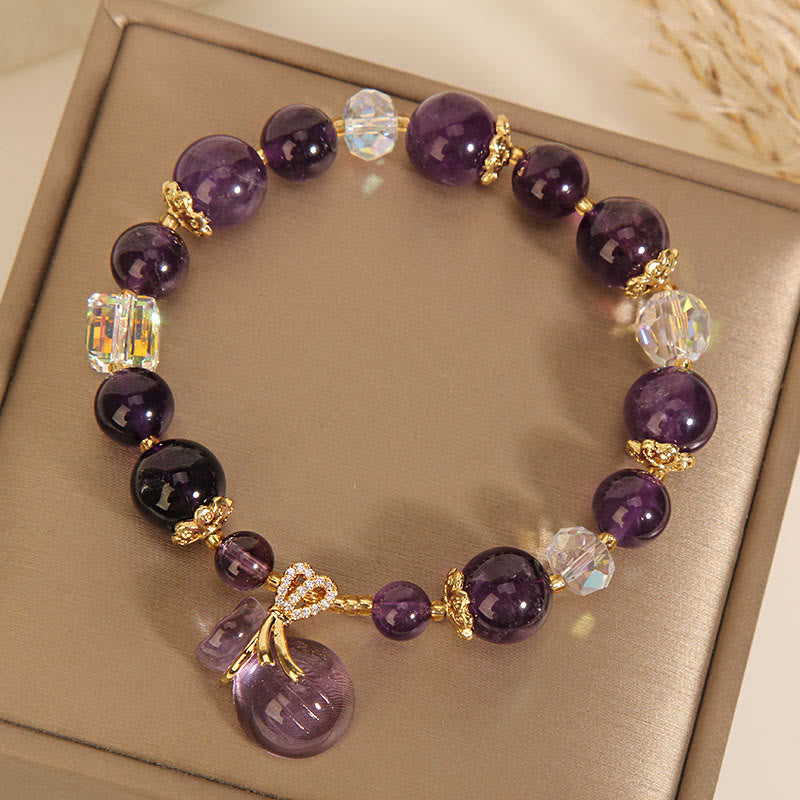 Fortune Jewel Natural Amethyst Crystal Money Bag Charm Positive Bracelet