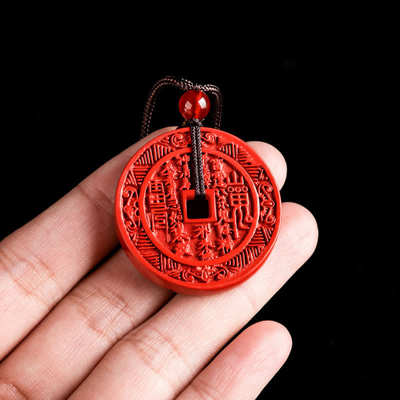 Fortune Jewel Natural Cinnabar Mountain Ghosts Spend Money Bagua Design Blessing Necklace Pendant