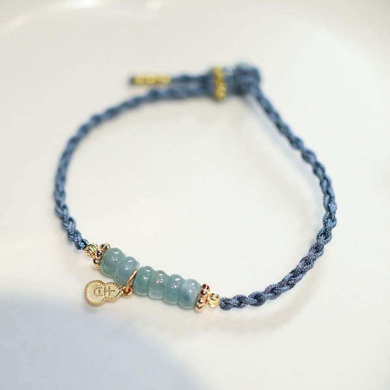 Fortune Jewel 925 Sterling Silver Natural Jade Gourd Rutilated Quartz Fu Character Luck Braid Bracelet
