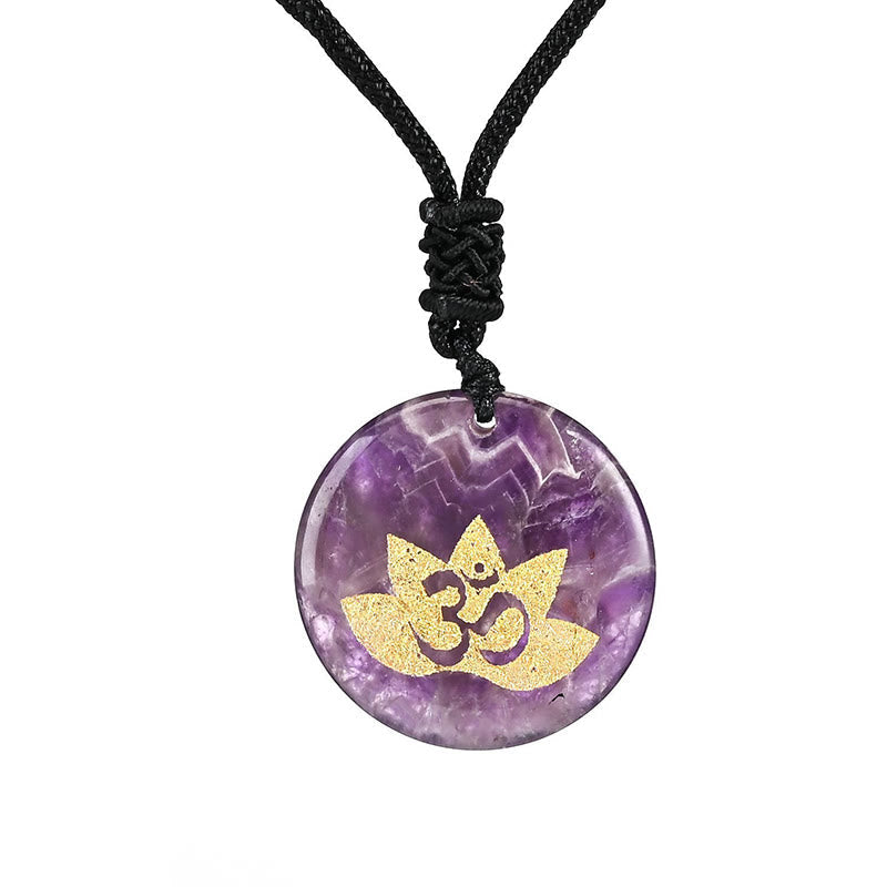 Fortune Jewel OM Lotus Symbol Various Crystal Amethyst Tiger Eye Healing Necklace Pendant