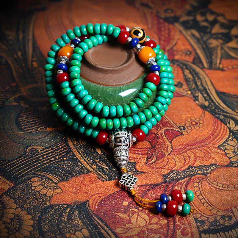 Fortune Jewel 108 Mala Beads Tibetan Turquoise Dzi Bead Protection Bracelet
