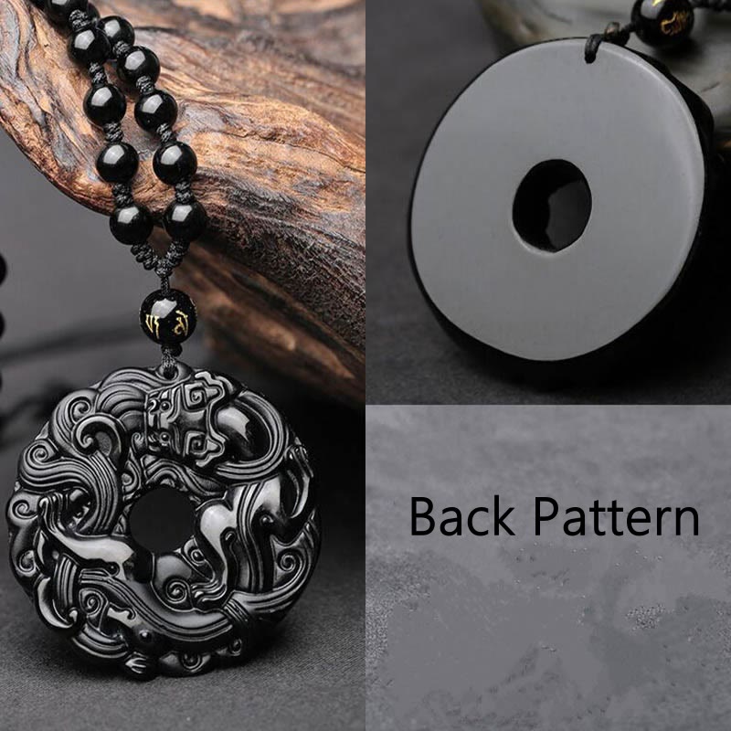 Fortune Jewel Natural Black Obsidian Peace Buckle Pixiu Purification Necklace Pendant