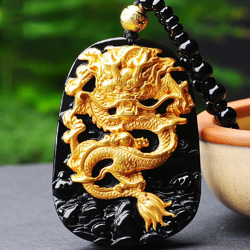 Fortune Jewel 18k Gold-plated Dragon Obsidian Lucky Pendant Necklace