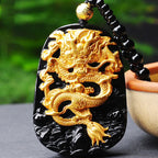 Fortune Jewel 18k Gold-plated Dragon Obsidian Lucky Pendant Necklace