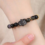 Fortune Jewel Gold Sheen Obsidian Black Obsidian Silver Sheen Obsidian Cute Rabbit Protection Bracelet