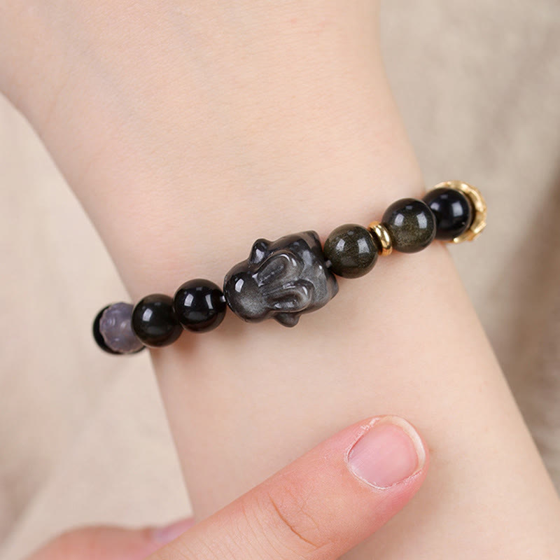 Fortune Jewel Gold Sheen Obsidian Black Obsidian Silver Sheen Obsidian Cute Rabbit Protection Bracelet