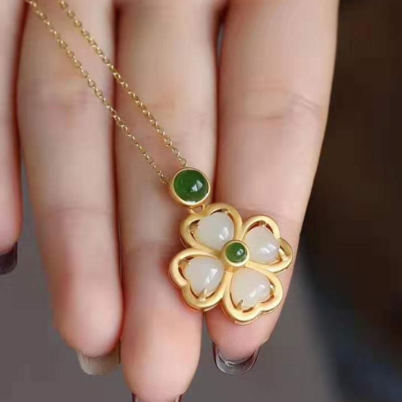 Fortune Jewel 925 Sterling Silver Lucky Four Leaf Clover Jade Prosperity Necklace Chain Pendant