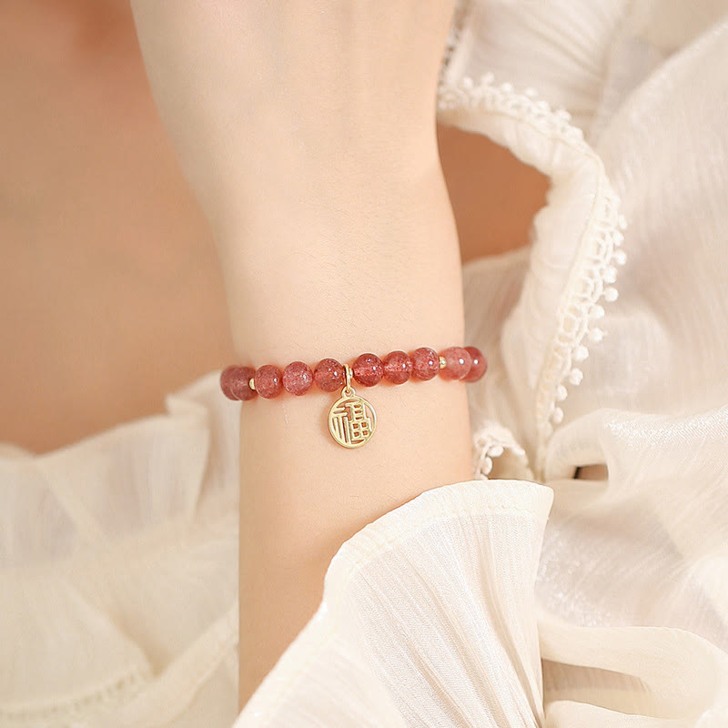 Fortune Jewel 14K Gold Plated Strawberry Quartz Fu Character Healing Charm Bracelet