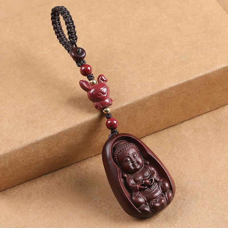 Fortune Jewel Small Leaf Red Sandalwood Buddha Cinnabar Chinese Zodiac Amulet Protection Key Chain