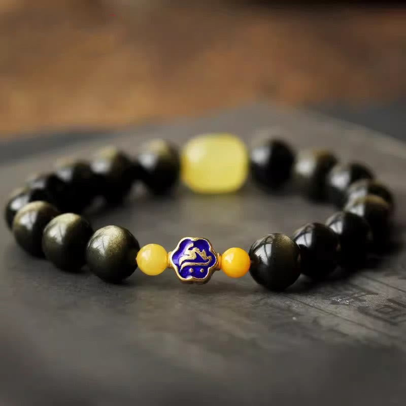Fortune Jewel 925 Sterling Silver Chinese Zodiac Natal Buddha Natural Gold Sheen Obsidian Amber Wealth Protection Bracelet