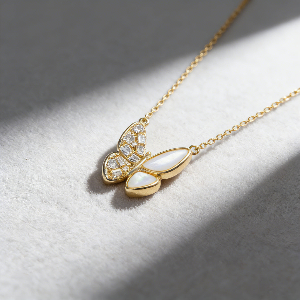 White Mother-of-Pearl Butterfly Necklace with Sparkling Zircon Stones