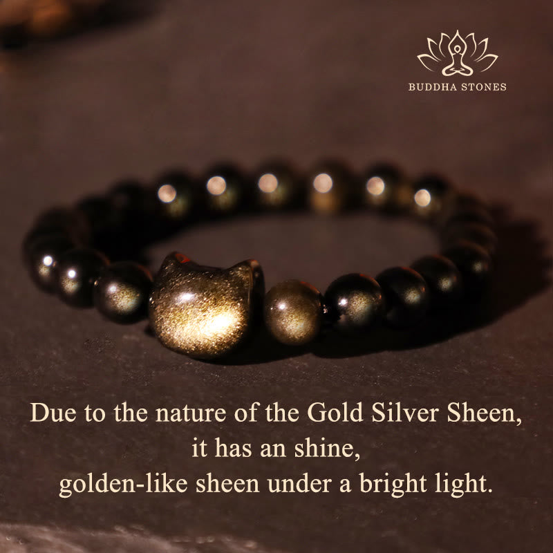 Fortune Jewel Gold Sheen Obsidian Silver Sheen Obsidian Lovely Paw Lucky Cat Protection Bracelet