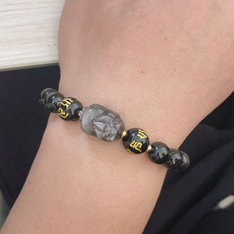 Fortune Jewel Natural Silver Sheen Obsidian Black Obsidian Om Mani Padme Hum Pixiu Protection Bracelet