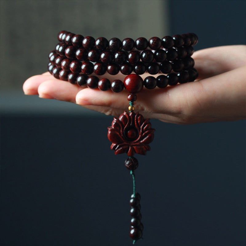 Fortune Jewel Tibetan Small Leaf Red Sandalwood Lotus Mala Balance Bracelet