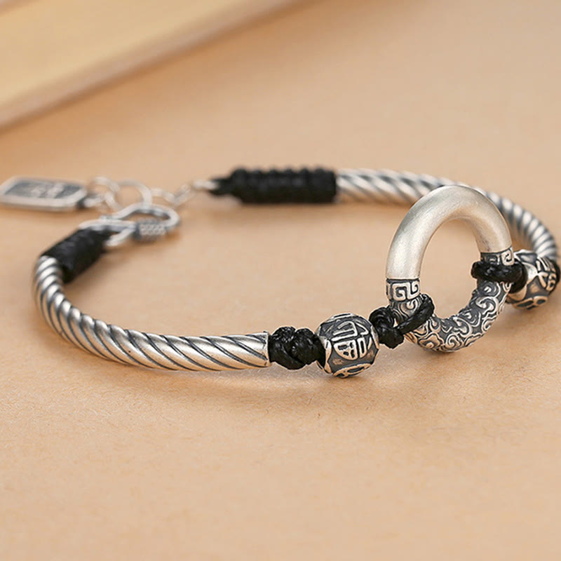 Fortune Jewel 999 Sterling Silver Fu Character Peace Buckle Copper Coin Auspicious Clouds Fortune Bracelet