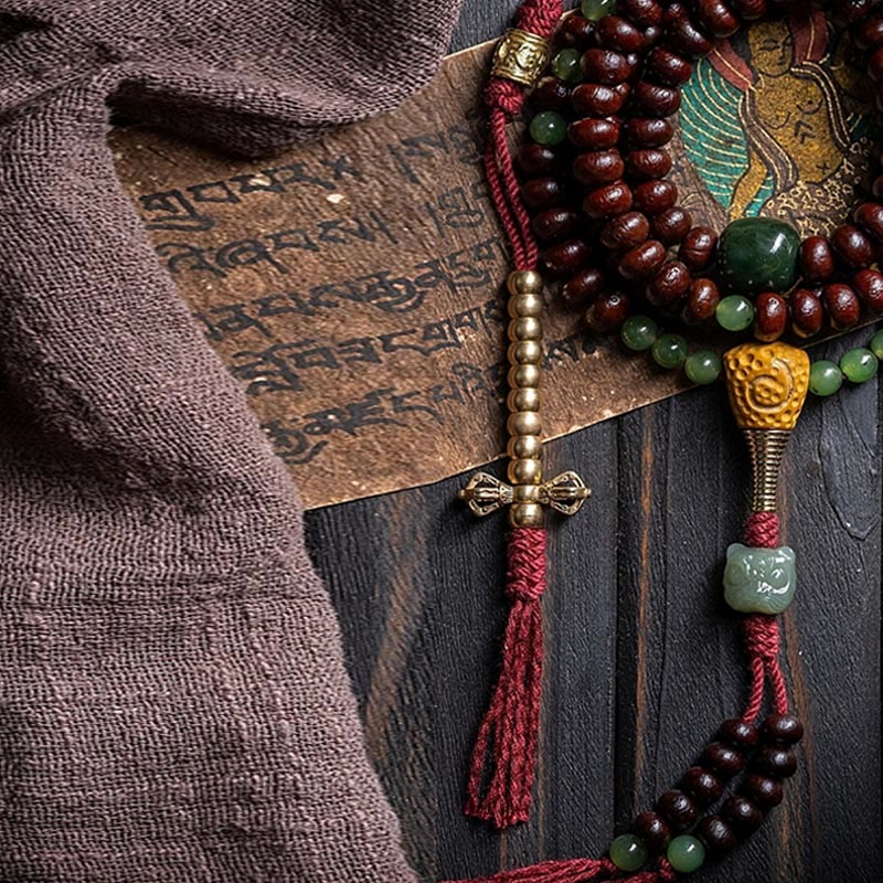 Fortune Jewel Natural Tibet 108 Mala Beads Purple Bodhi Seed Hetian Cyan Jade Copper Dorje Peace Bracelet