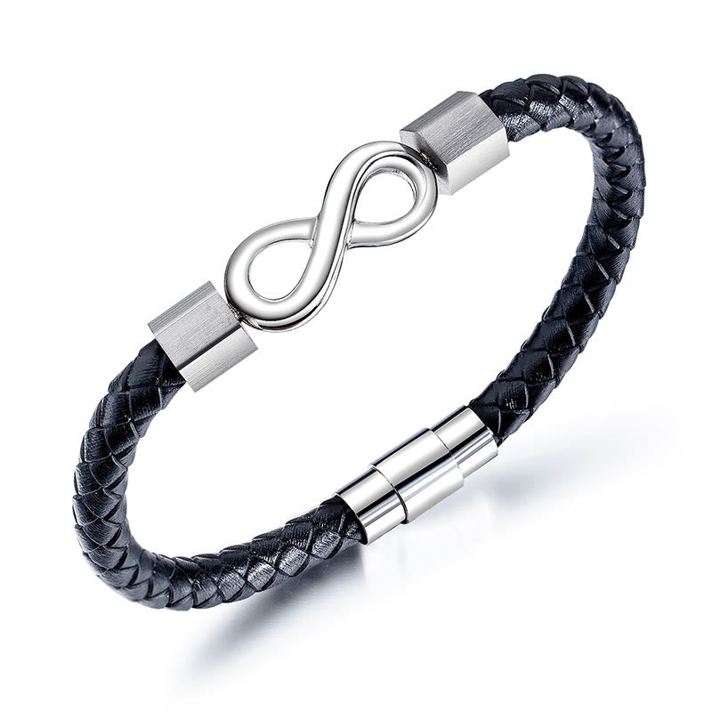 Fortune Jewel Endless Knot Titanium Steel Infinity Leather Weave Balance Bracelet