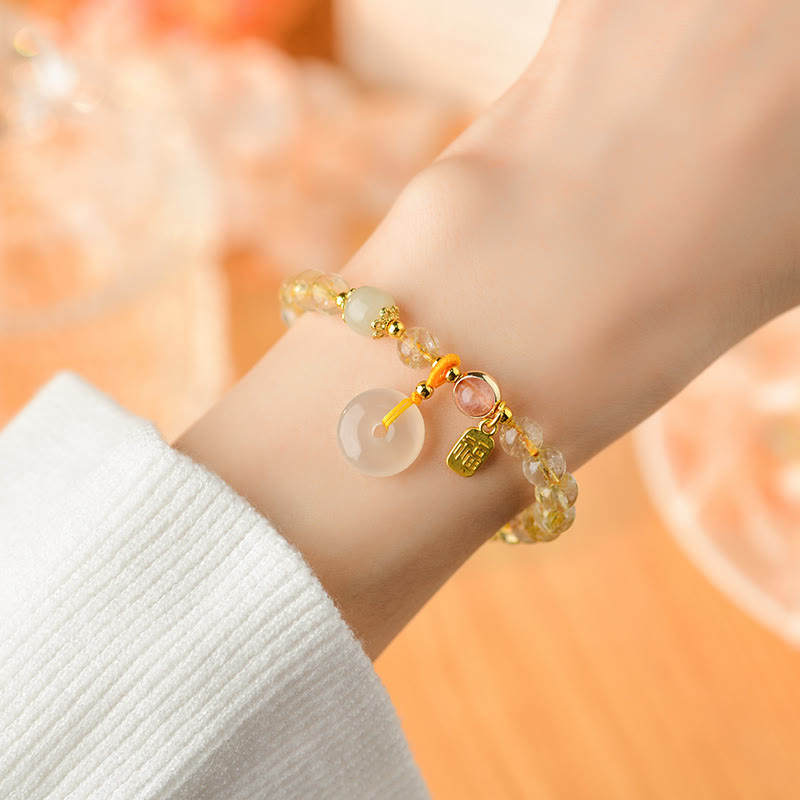 Fortune Jewel Natural Golden Rutilated Quartz Fu Character Peace Buckle Charm Wealth Bracelet