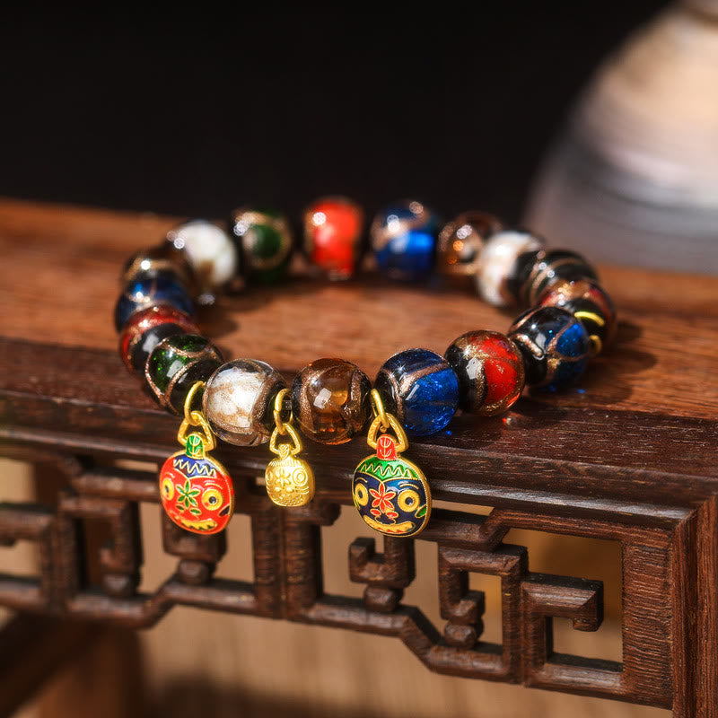 Fortune Jewel Five Elements Gold Swallowing Beast Family Charm Liuli Glass Bead Luck Bracelet