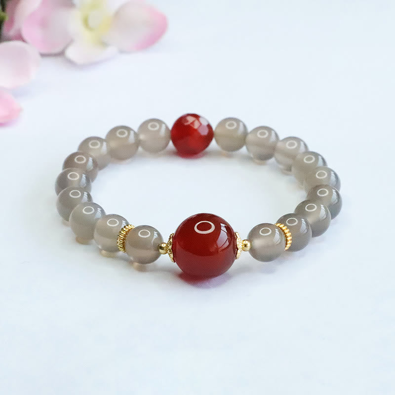 Fortune Jewel Natural Gray Chalcedony Red Agate Harmony Bracelet