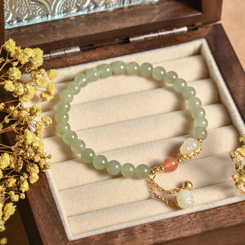 Fortune Jewel 925 Sterling Silver Hetian Jade Gourd Lotus Abundance Luck Bracelet