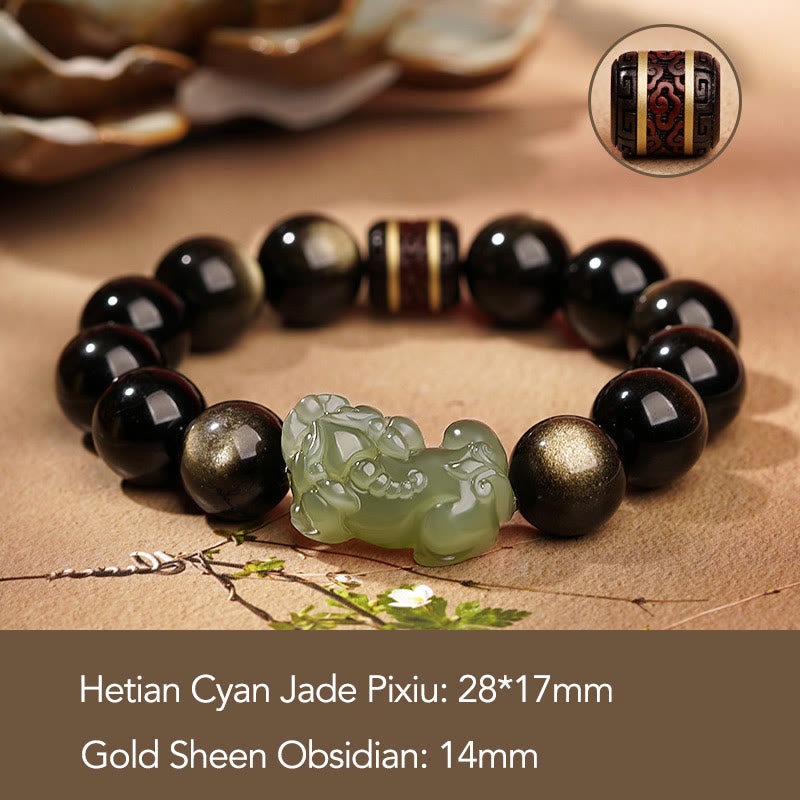 Fortune Jewel Natural Gold Sheen Obsidian Hetian Cyan Jade White Jade PiXiu Wealth Bracelet