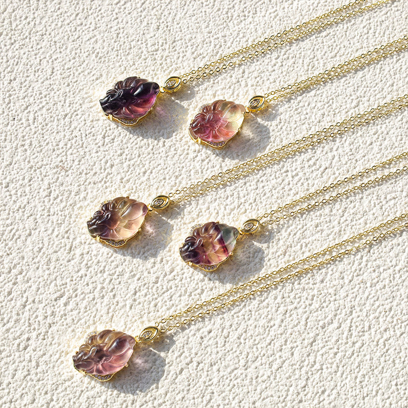 Fortune Jewel Natural Colorful Fluorite Nine Tailed Fox Protection Necklace Pendant