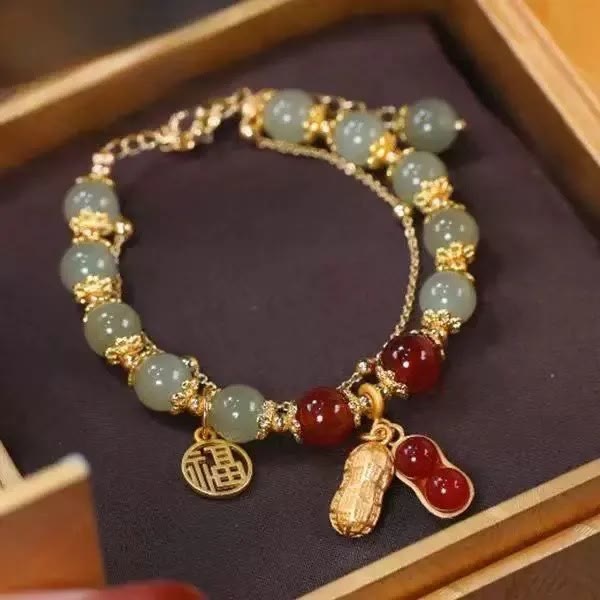 Fortune Jewel Jade Leaf Ginkgo Tulip Peanut Fu Character Luck Beaded Bracelet