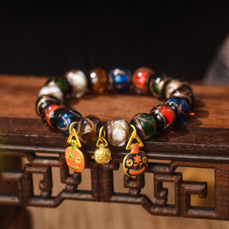 Fortune Jewel Five Elements Gold Swallowing Beast Family Charm Liuli Glass Bead Luck Bracelet