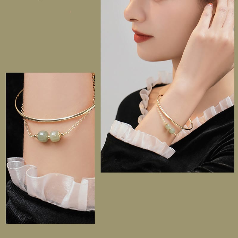 Fortune Jewel Copper Plated Gold Hetian Jade Bead Luck Double Layer Bracelet Bangle